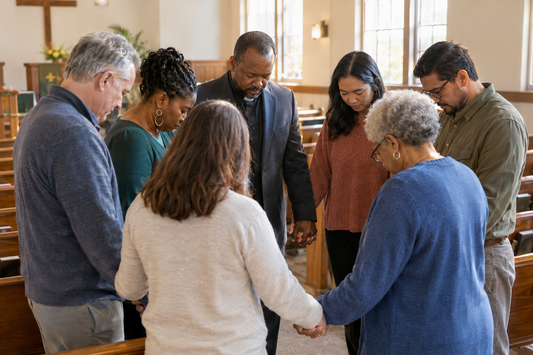 A pastor and congregation gathered together in prayer inside a warmly lit church.
