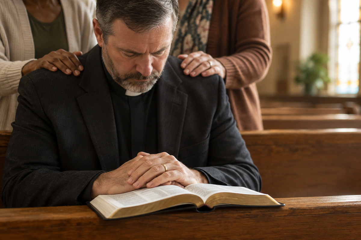 A pastor with an open Bible, supported in prayer by members of the congregation.
