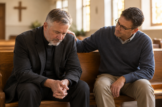 A pastor seated in a church pew receiving a supportive hand on his shoulder from a congregant.