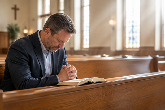 A pastor bowing in prayer with an open Bible in a warmly lit church.